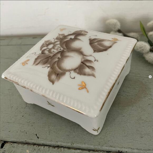 Vintage Coaster Trinket Box Brown Hand Painted Fruit Flower Square Porcelain - Picture 6 of 8